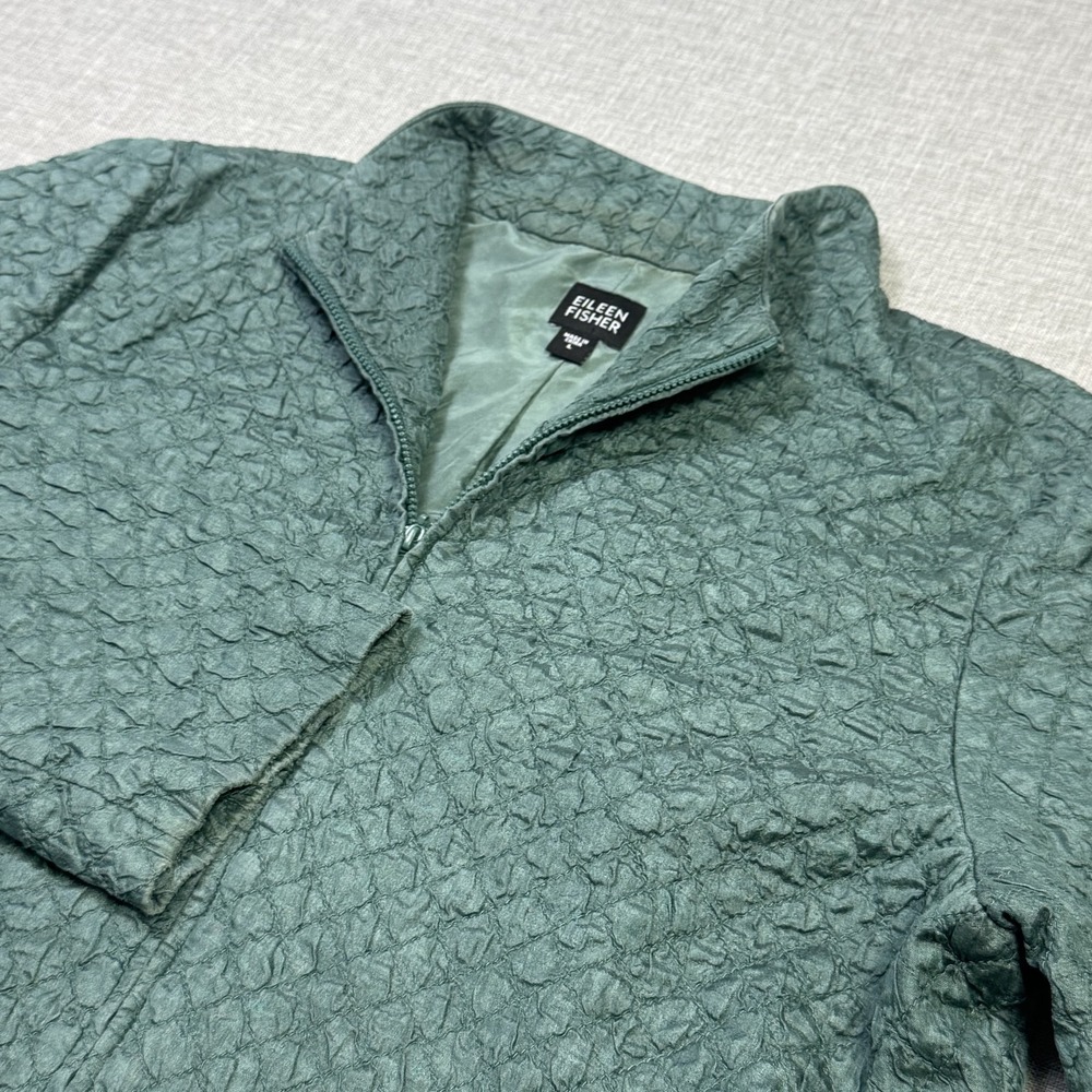 Eileen Fisher Lightweight Quilted Jacket Womens L Green Silk Blend Zip Taffeta
